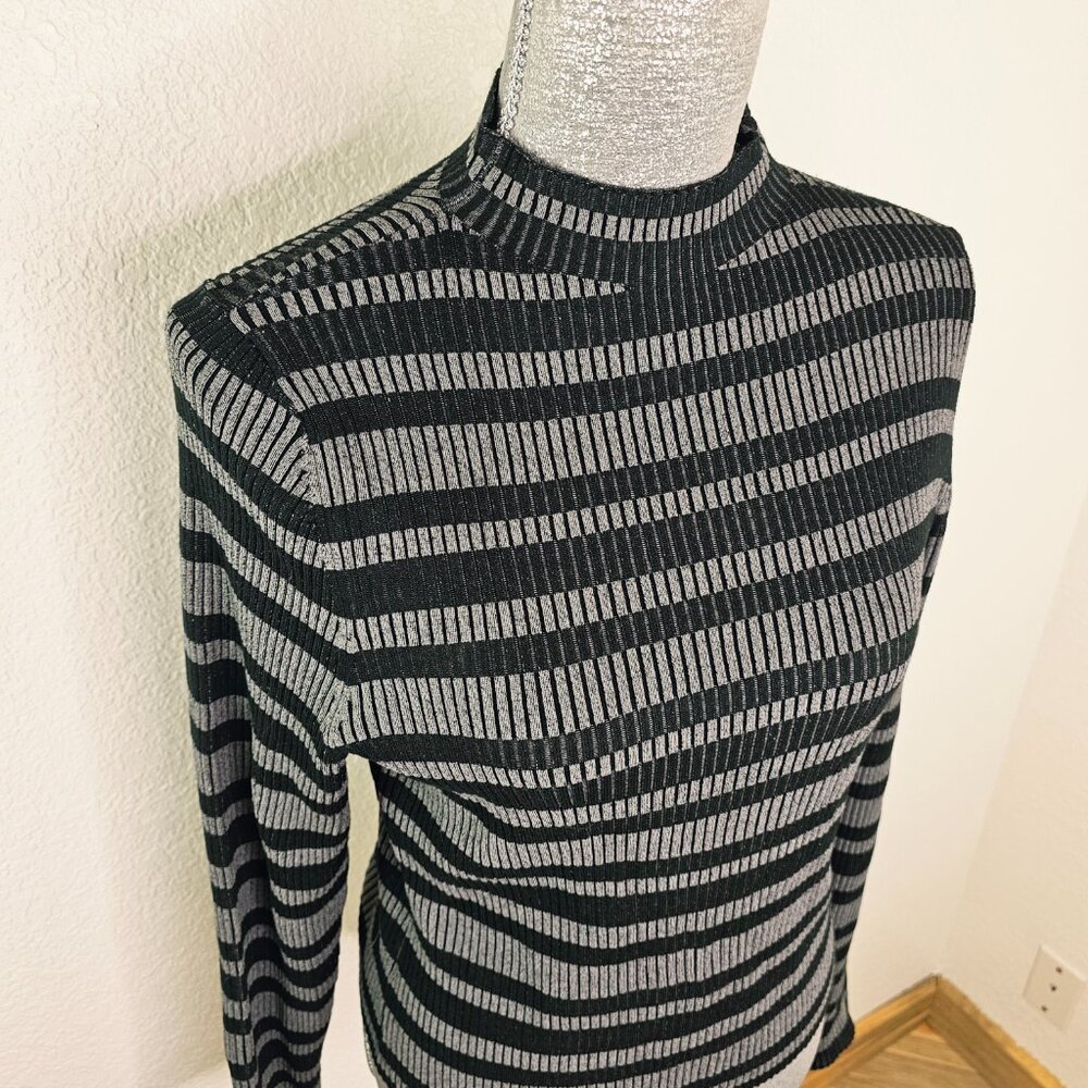 Worthington Waffle Striped Classic Gray Black Mock Neck Sweater Top XL